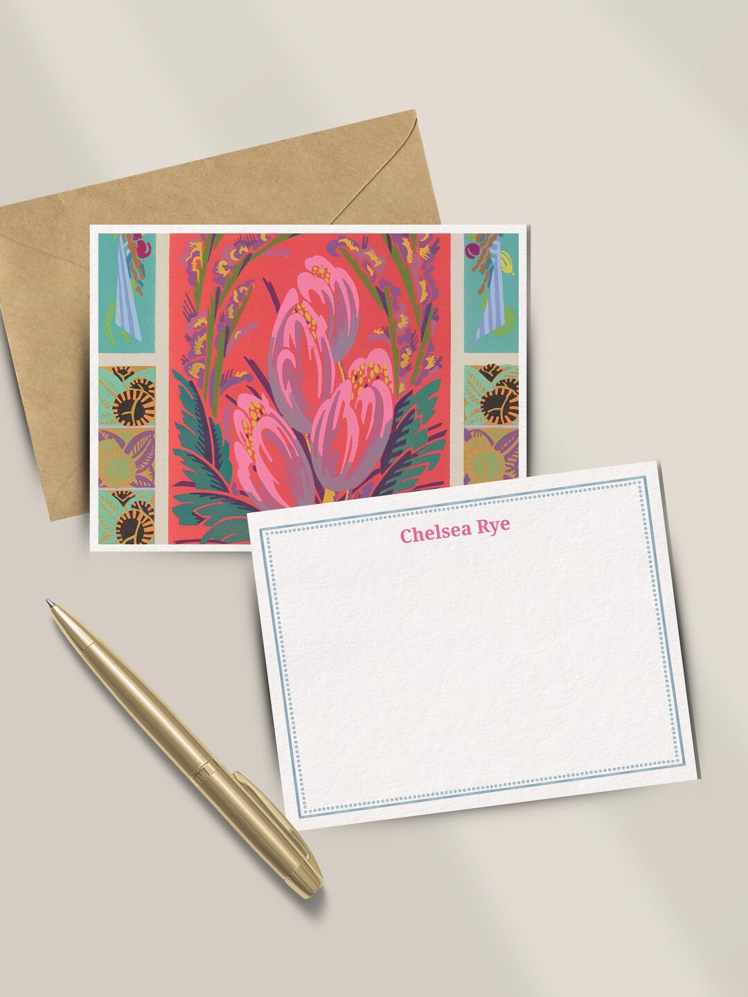 Personalized Pink Floral Stationery Set Custom Art Deco Note Cards With ...