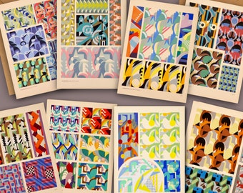 Abstract NOTE CARDS/Mid Century/ Set of Blank Notecards with Envelopes/Thank You Card/Blank Inside Card/Floral Card/Mid Century Art/Retro