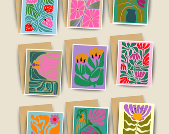 Floral Notecards Mid Century Modern Blank Stationery - Colorful Flowers - Blank Inside Variety with Envelopes