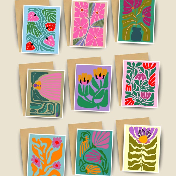 Floral Notecards Mid Century Modern Blank Stationery - Colorful Flowers - Blank Inside Variety with Envelopes
