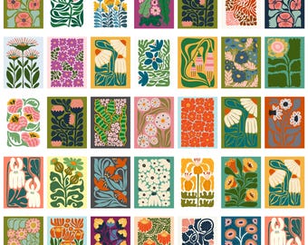 May include: A collection of colorful floral art prints. Each print features a unique botanical design in various colors, including pink, yellow, green, and blue. The prints are arranged in a grid pattern.