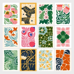 May include: Twelve colourful floral illustrations with different patterns and colours. Each illustration features a unique floral design with bold colours and shapes.