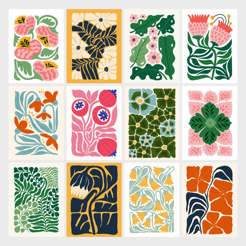 May include: Twelve colourful floral illustrations with different patterns and colours. Each illustration features a unique floral design with bold colours and shapes.