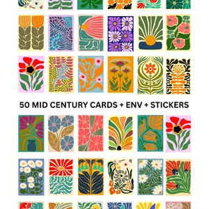 May include: A collection of 50 mid-century style cards with floral designs in various colors. The cards feature illustrations of flowers, leaves, and abstract shapes. The text "50 MID CENTURY CARDS + ENV + STICKERS" is displayed at the bottom of the image.