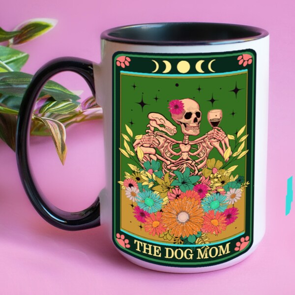 Dog Mom Coffee Mug/Dog Lover Gift/Funny Tarot Mug/Skeleton/Tarot Deck/Tarot Reading/Gift for Coffee Lover/Wiccan/Pagan Gift/15 oz. Large Mug