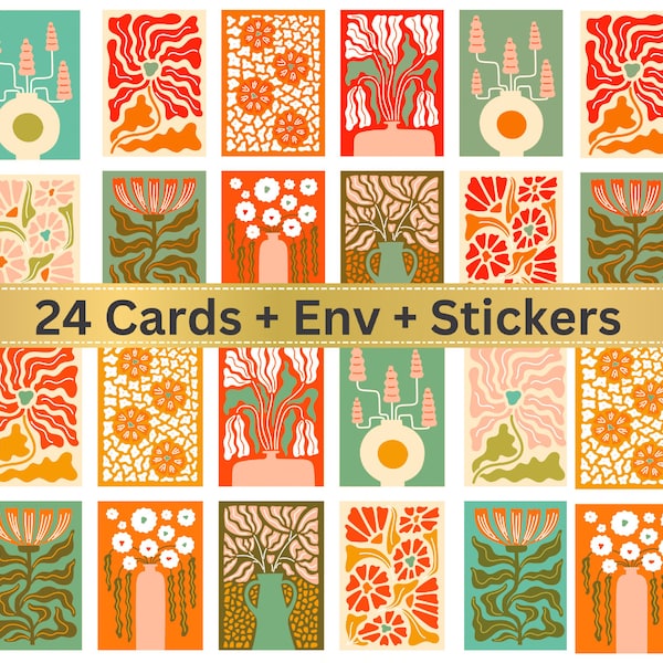 Mid Century Modern Flower Note Card Set with Envelopes/Thank You/Blank Card/Floral Card/Gold Monstera Stickers for Envelopes/Kraft Envelopes