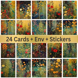May include: A set of 24 cards featuring colorful floral illustrations. The cards are arranged in a grid pattern and have a vintage aesthetic. The text "24 Cards + Env + Stickers" is displayed across the top of the image.