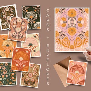 ART DECO NOTECARDS Set of Blank Cards with Envelopes, 25 Pack, Thank You Card, Blank Inside Card, Floral Cards, Mid Century Art, Retro Cards