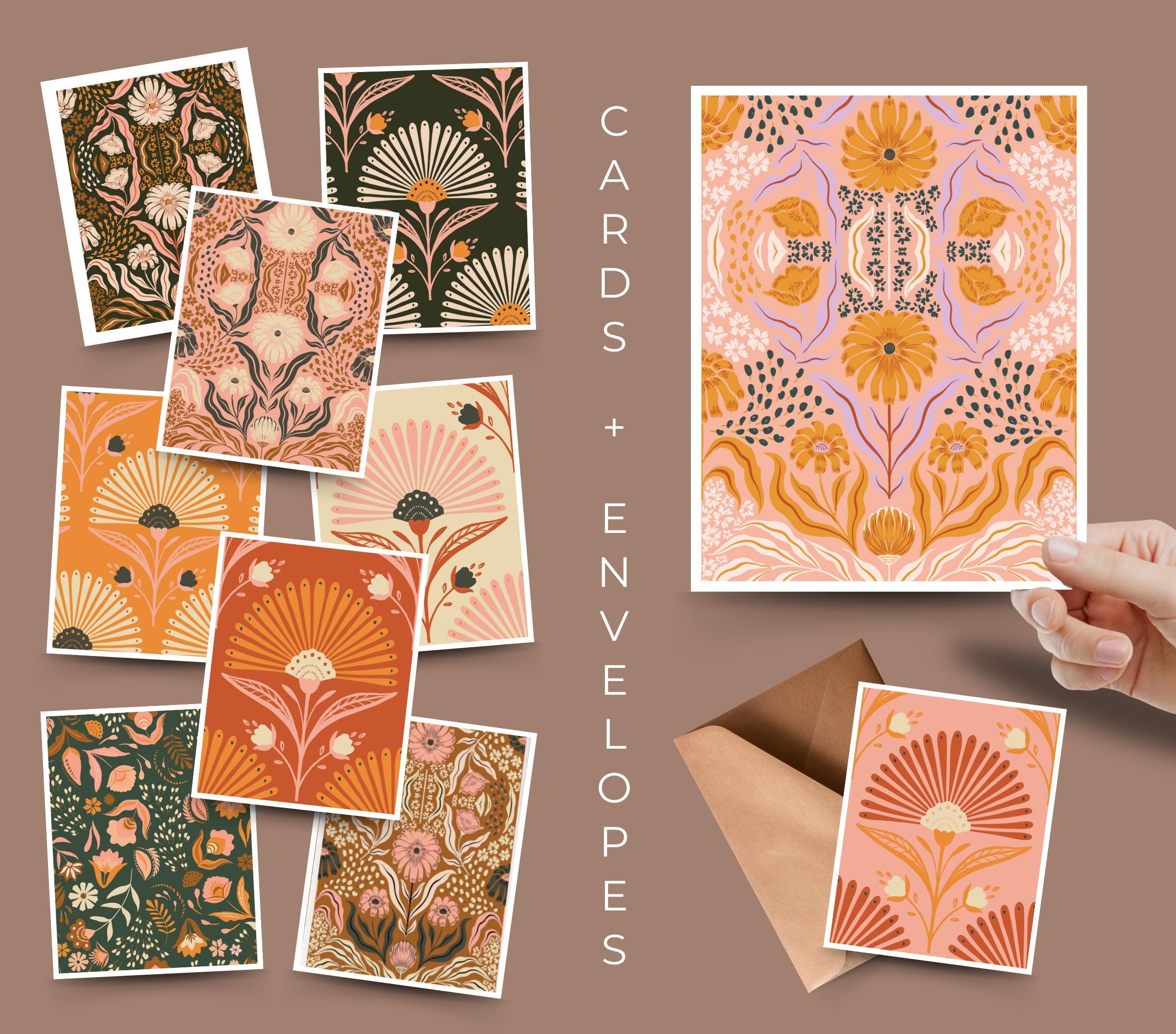 Art Deco Floral Notecards: Blank Inside, Kraft Envelopes (25 Pack)
