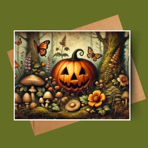 May include: A carved jack-o'-lantern pumpkin with a toothy grin sits in a forest setting.  Surrounding the pumpkin are mushrooms, flowers, and butterflies. The scene is painted in a realistic style with warm, earthy tones.