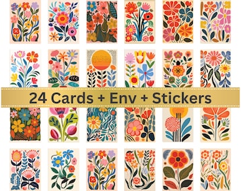 Mid Century Floral Note Card Set: Linen Stationery, Kraft Envelopes, Monstera Stickers