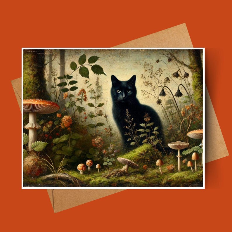 May include: A black cat sits in a lush forest setting, surrounded by green foliage and red and white mushrooms. The cat has piercing green eyes and a sleek, black coat.