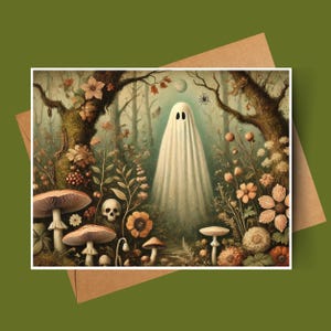 May include: A white ghost stands in a forest setting with a skull, mushrooms, and flowers. The ghost is translucent and has a faint glow. The forest is lush and green with a variety of plants and flowers.
