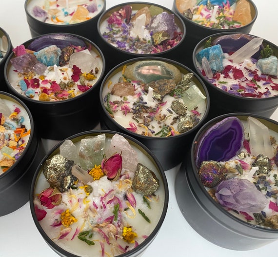 Candle With Crystals and Flowers/intention Candles/friendship Etsy