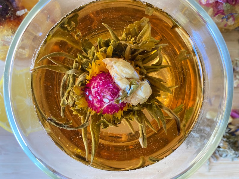 Blooming Tea Balls with Loose Tea Flowers/Gift for Tea Lovers/Tea in a Corked Reusable Jar/Blooming Flower Tea/Tea Gifts/Herbal Variety Tea image 2