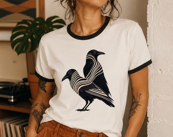 Raven Minimalist Modern Tshirt Retro Graphic - Vintage Ringer Tee - Crow Blackbird Corvid