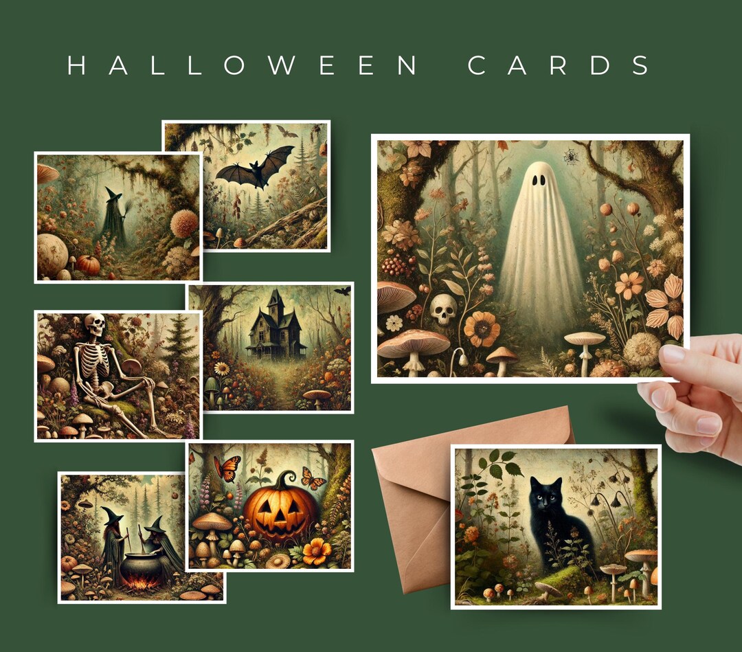 Halloween Card Set: Spooky Witch, Ghost, and Black Cat Designs - Etsy
