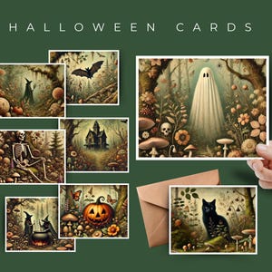 May include: Set of six Halloween greeting cards featuring whimsical illustrations of a spooky forest with mushrooms, a ghost, a skeleton, a witch, a pumpkin, and a black cat. The cards are printed on high-quality cardstock and come with envelopes.