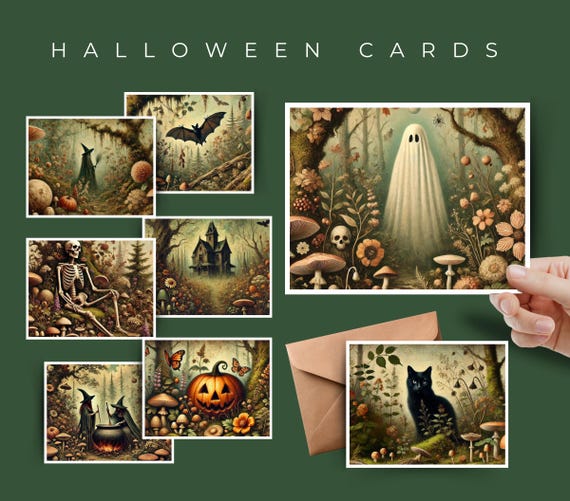Halloween Card Set: Spooky Witch, Ghost, and Black Cat Designs