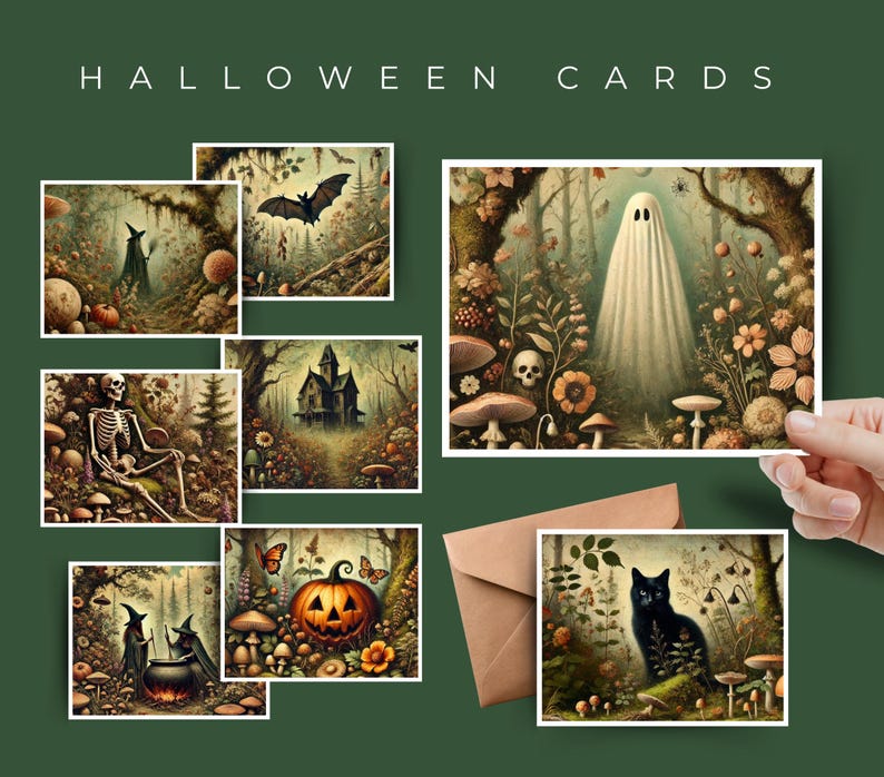 May include: Set of six Halloween greeting cards featuring whimsical illustrations of a spooky forest with mushrooms, a ghost, a skeleton, a witch, a pumpkin, and a black cat. The cards are printed on high-quality cardstock and come with envelopes.