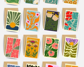 Set 16 Pack Floral All Occasion Blank Cards with Envelopes: Colorful Floral Mid Century Modern Notecard Stationery