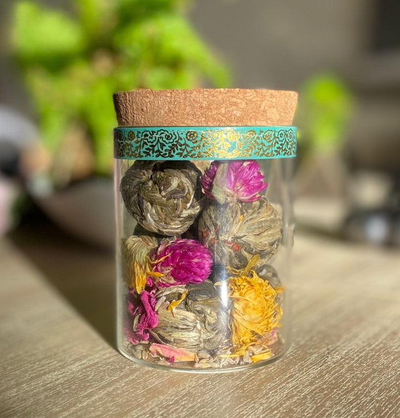 Blooming Tea Balls with Loose Tea Flowers/Gift for Tea Lovers/Tea in a Corked Reusable Jar/Blooming Flower Tea/Tea Gifts/Herbal Variety Tea image 1
