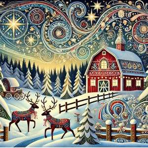Starry Night Christmas Card Set/Reindeer/Christmas Trees/Snow/Scandinavian Christmas Greeting Cards/Winter Scene/Your Printed Message