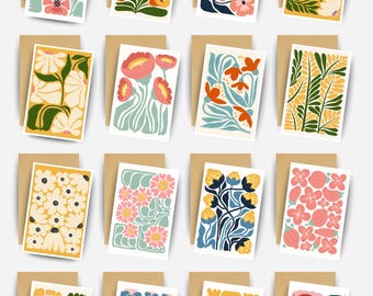 Set of 16 Floral Notecards: Mid Century Modern Blank Stationery