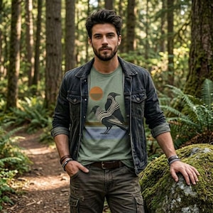 May include: A person wearing a green t-shirt with a graphic of two crows and a sun, paired with a dark denim jacket and cargo pants. The person is standing in a forest setting.