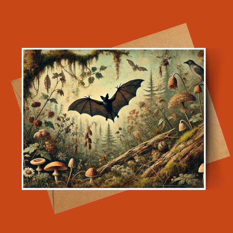 May include: A black bat flies through a lush, green forest with a variety of mushrooms and plants. The forest is painted in shades of green, brown, and yellow, with a soft, ethereal light filtering through the trees.