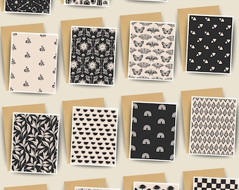 Black and White Cream Note Card Stationery Set: Minimalist Floral Abstract Boho Designs