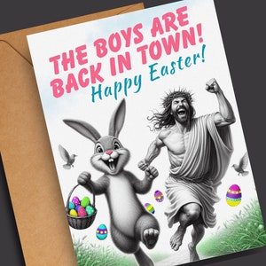 Easter Card/Funny Easter Card/Boys are Back in TownbBlank Inside/Happy Easter/Easter Bunny and Jesus Buddies/5x7 Linen/Easter Greeting Card image 2