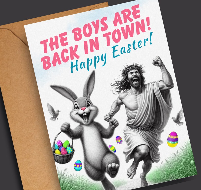 Easter Card/Funny Easter Card/Boys are Back in TownbBlank Inside/Happy Easter/Easter Bunny and Jesus Buddies/5x7 Linen/Easter Greeting Card image 2