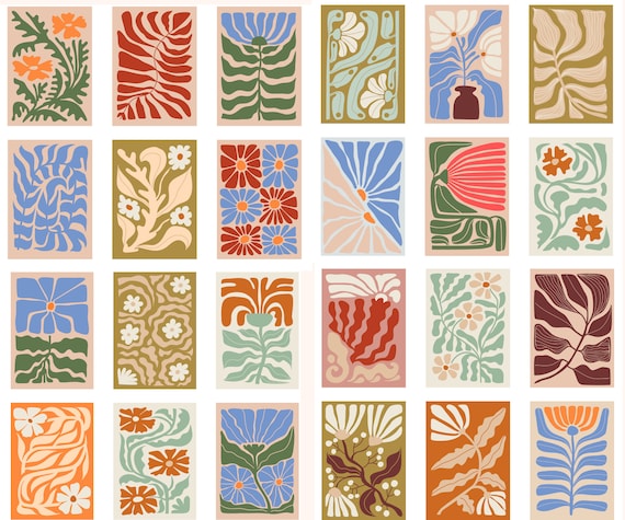 Mid Century Modern Floral Note Card Set: Linen Cardstock, Kraft Envelopes