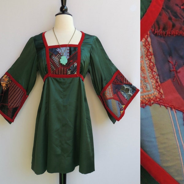 RESERVED Vintage 70s Renaissance Patchwork Mini Dress with Huge Angel Sleeves