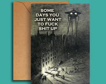 Dark Humor Card: Retro Alien Invasion, Thinking of You Greeting, Vintage Sci-Fi