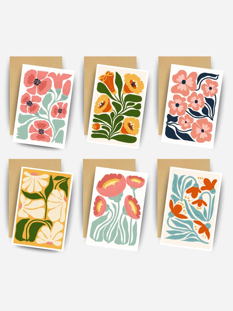 Set of 16 Floral Notecards: Mid Century Modern Blank Stationery - Etsy