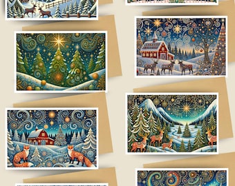 Winter Scene Christmas Card Set: Reindeer, Fox, Trees (8 Cards)