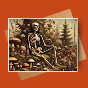 May include: A skeletal figure sits amongst a lush forest scene with mushrooms and greenery. The skeleton is wearing a relaxed pose with one leg crossed over the other. The background features a variety of trees and foliage.