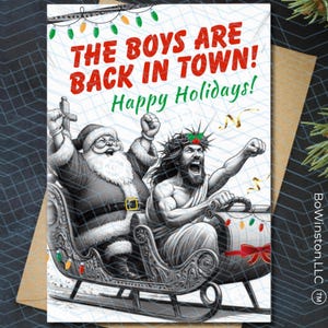FUNNY Christmas Card/Holiday Card/Blank Inside/Santa & Jesus/The Boys are Back in Town/Unique Christmas Cards/Weird Christmas Card/5x7 Linen