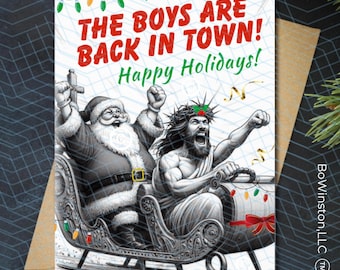 Funny Santa & Jesus Christmas Card: The Boys are Back in Town (5x7 Linen)