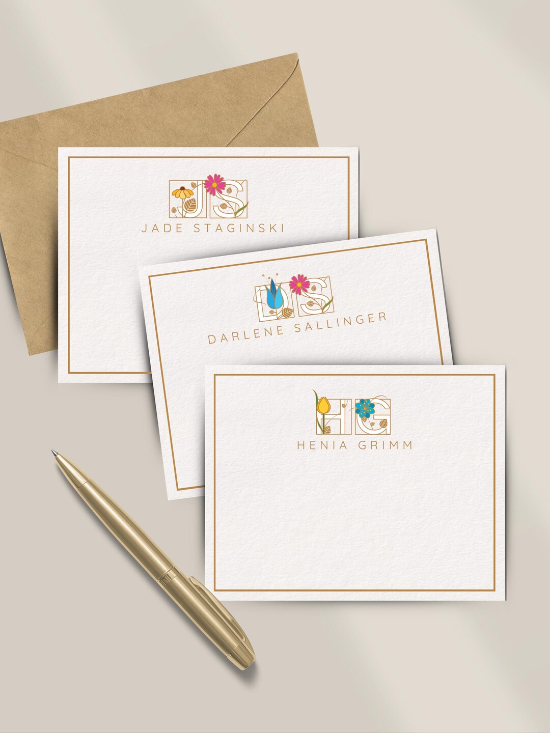 Floral Monogram Note Cards: Personalized Stationery Set With Envelopes ...