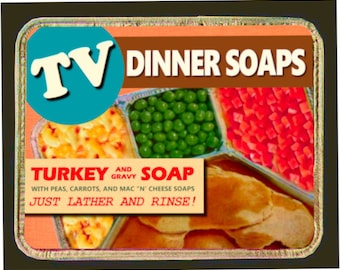 SOAPS in TV DINNER Packaging/4 Soaps in Set/Retro Gifts/Peas, Carrots, Macaroni and Cheese, Turkey and Gravy/Father's Day Gift/Funny Soaps