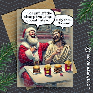 Funny Santa & Jesus Christmas Card: Sharing a Burger and a Joke, 5x7 Linen Holiday Greeting