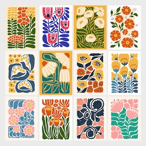 May include: A set of 10 printable cards featuring colourful floral illustrations in a retro style. Each card features a different floral design with bold colours and simple shapes.