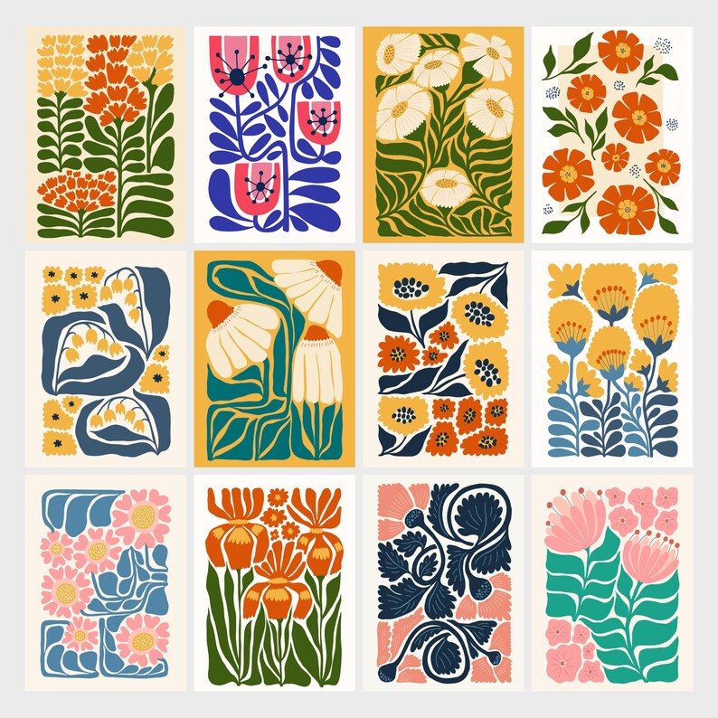 May include: A set of 10 printable cards featuring colourful floral illustrations in a retro style. Each card features a different floral design with bold colours and simple shapes.