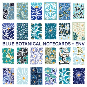 May include: A collection of blue botanical notecards with various floral designs. Each card features a different illustration in shades of blue, with accents of yellow and white. The text "BLUE BOTANICAL NOTECARDS + ENV" is displayed in blue font.