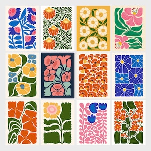May include: A set of 12 digital printable art prints featuring floral patterns in various colours and styles. The prints feature abstract floral designs with bold colours and geometric shapes.