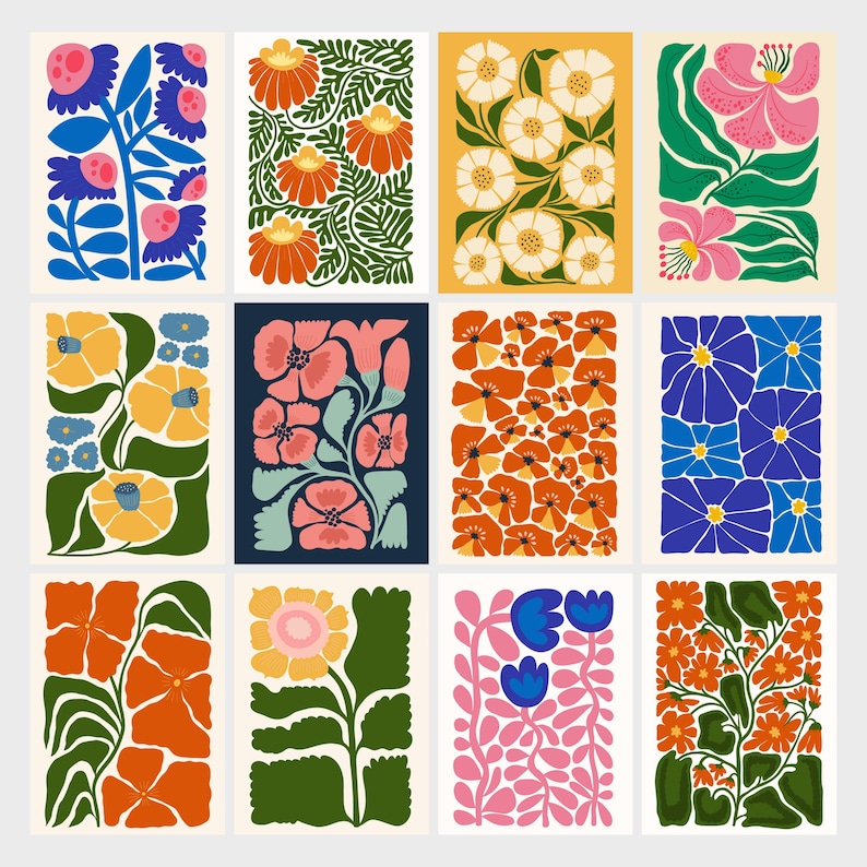 May include: A set of 12 digital printable art prints featuring floral patterns in various colours and styles. The prints feature abstract floral designs with bold colours and geometric shapes.