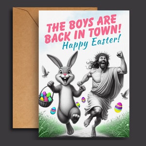 Easter Card/Funny Easter Card/Boys are Back in TownbBlank Inside/Happy Easter/Easter Bunny and Jesus Buddies/5x7 Linen/Easter Greeting Card image 1